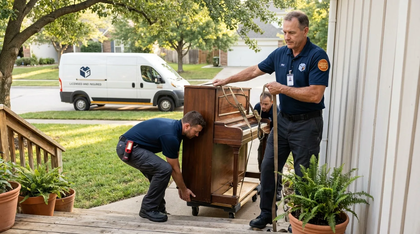 Licensed piano movers securing grand piano in Onarga, IL