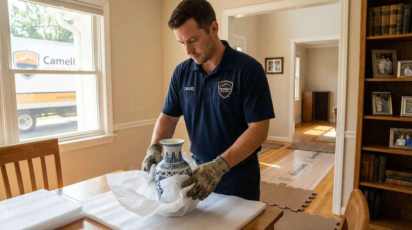 Professional crew carefully wrapping antique vase for senior downsizing move in Onarga, IL